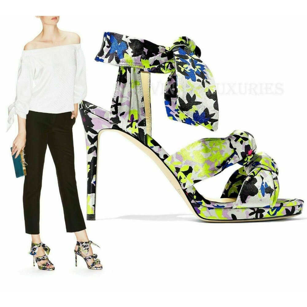 JIMMY CHOO SHOES KRIS KNOTTED FLORAL PRINT SATIN SANDALS sz IT 38.5 US 8.5